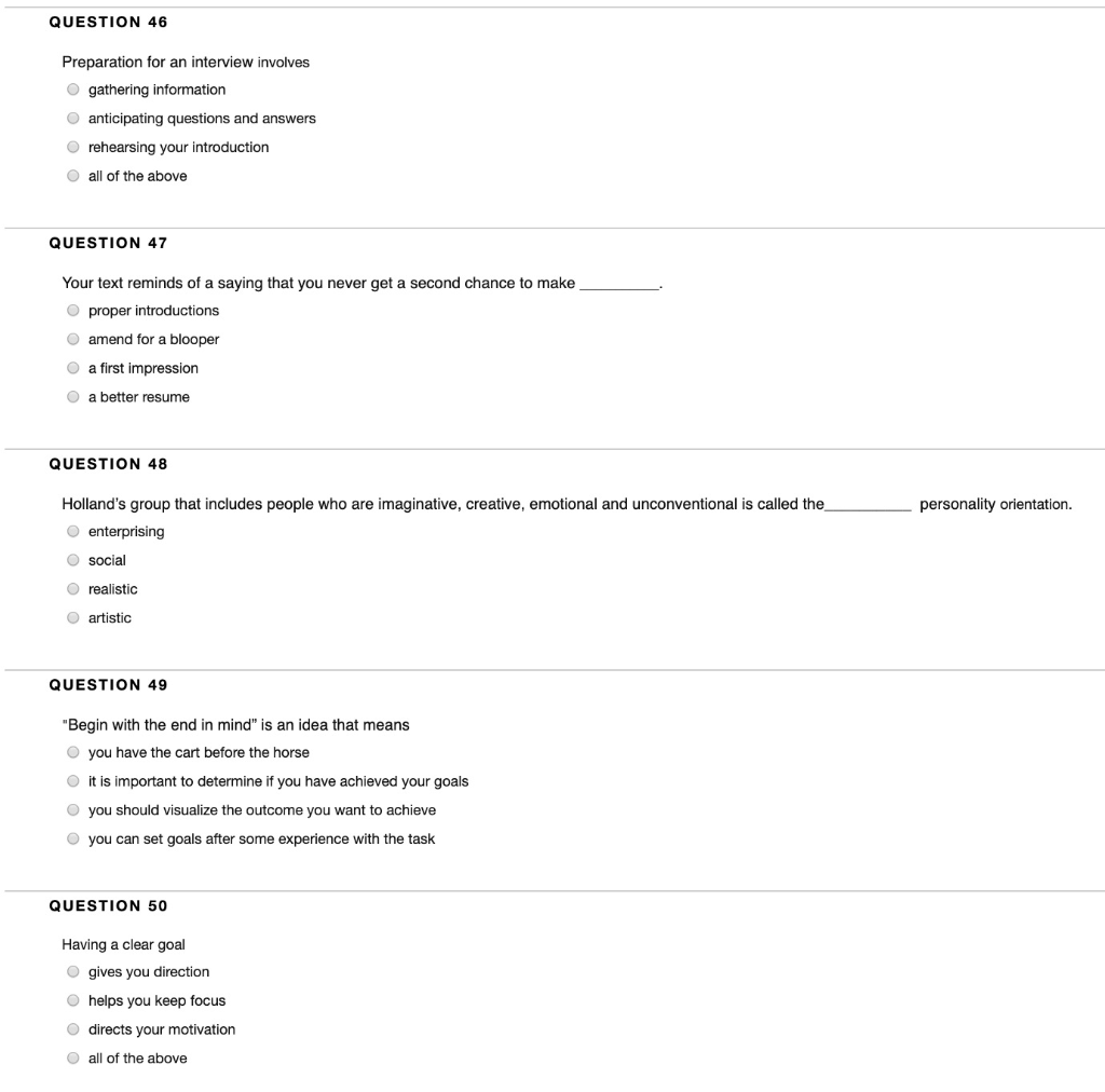 Solved QUESTION 46 Preparation for an interview involves | Chegg.com