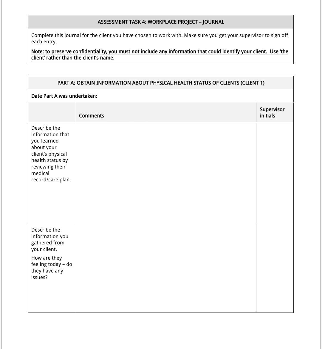 Solved ASSESSMENT TASK 4: WORKPLACE PROJECT - JOURNAL | Chegg.com