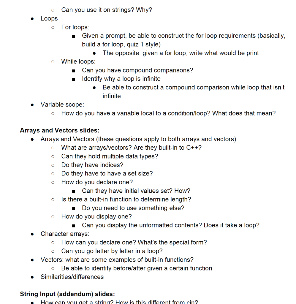 Solved I have a test in c++ and this is my study guide | Chegg.com