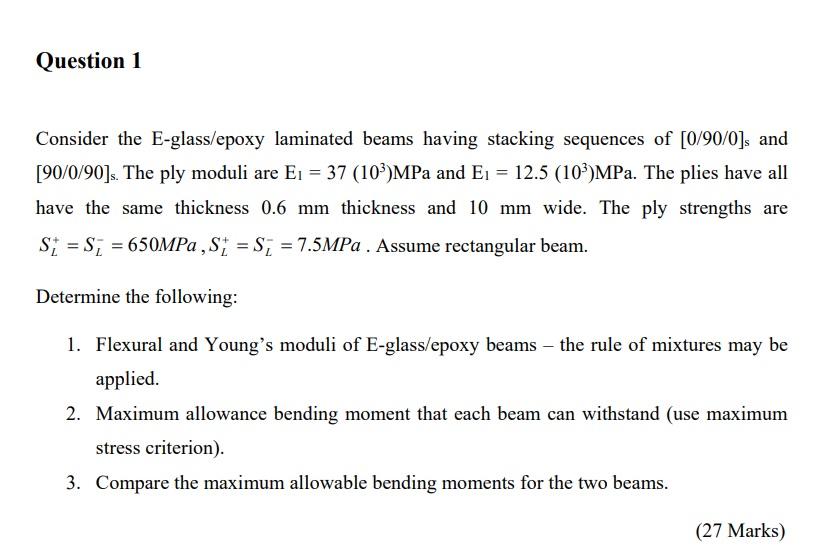 Question 1 Consider The E-glass/epoxy Laminated Beams | Chegg.com