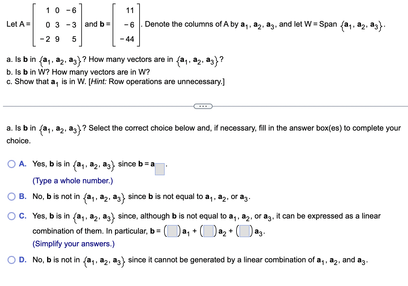 Solved a. Is b in {a1,a2,a3} ? How many vectors are in | Chegg.com