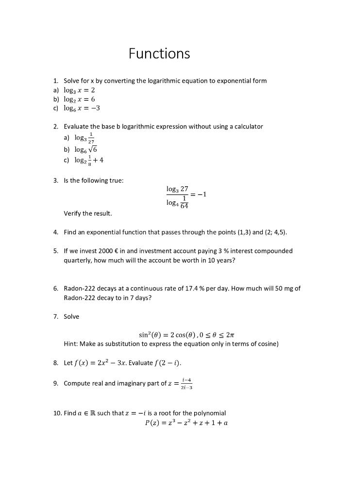 Solved Functions 1 Solve For X By Converting The Chegg Com