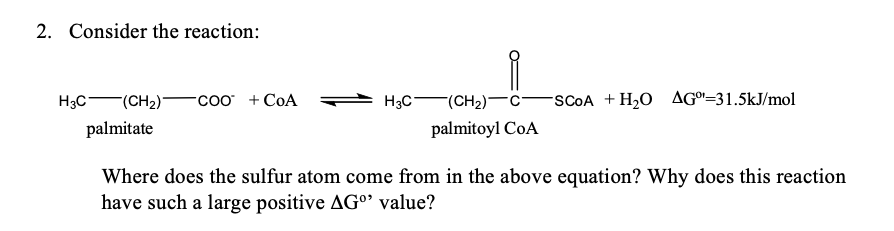 Solved 2. Consider the reaction: palmitate palmitoyl CoA | Chegg.com