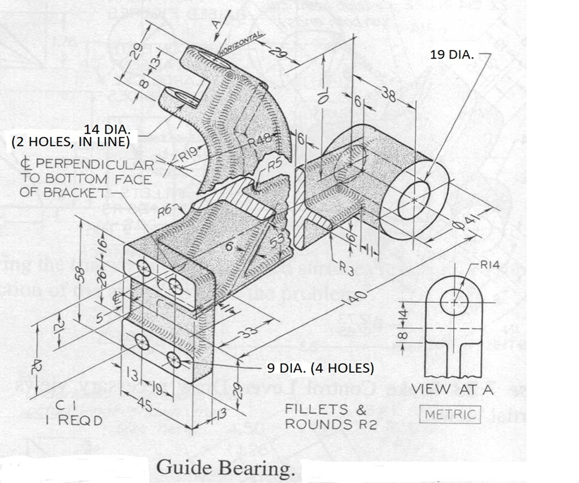 Solved 19 DIA 38 14 DIA (2 HOLES, IN LINE) PERPENDICULAR TO | Chegg.com