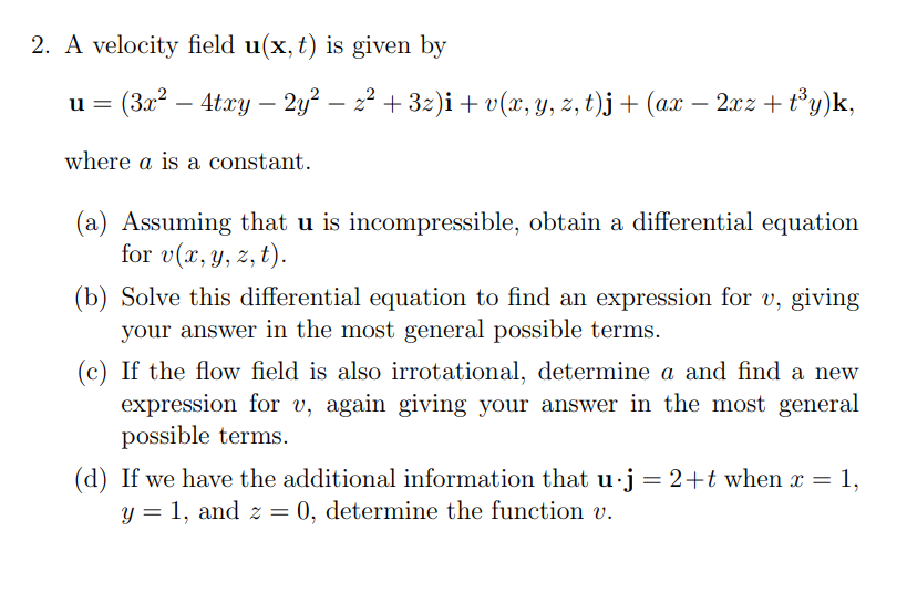 2. A Velocity Field U(x,t) Is Given By | Chegg.com