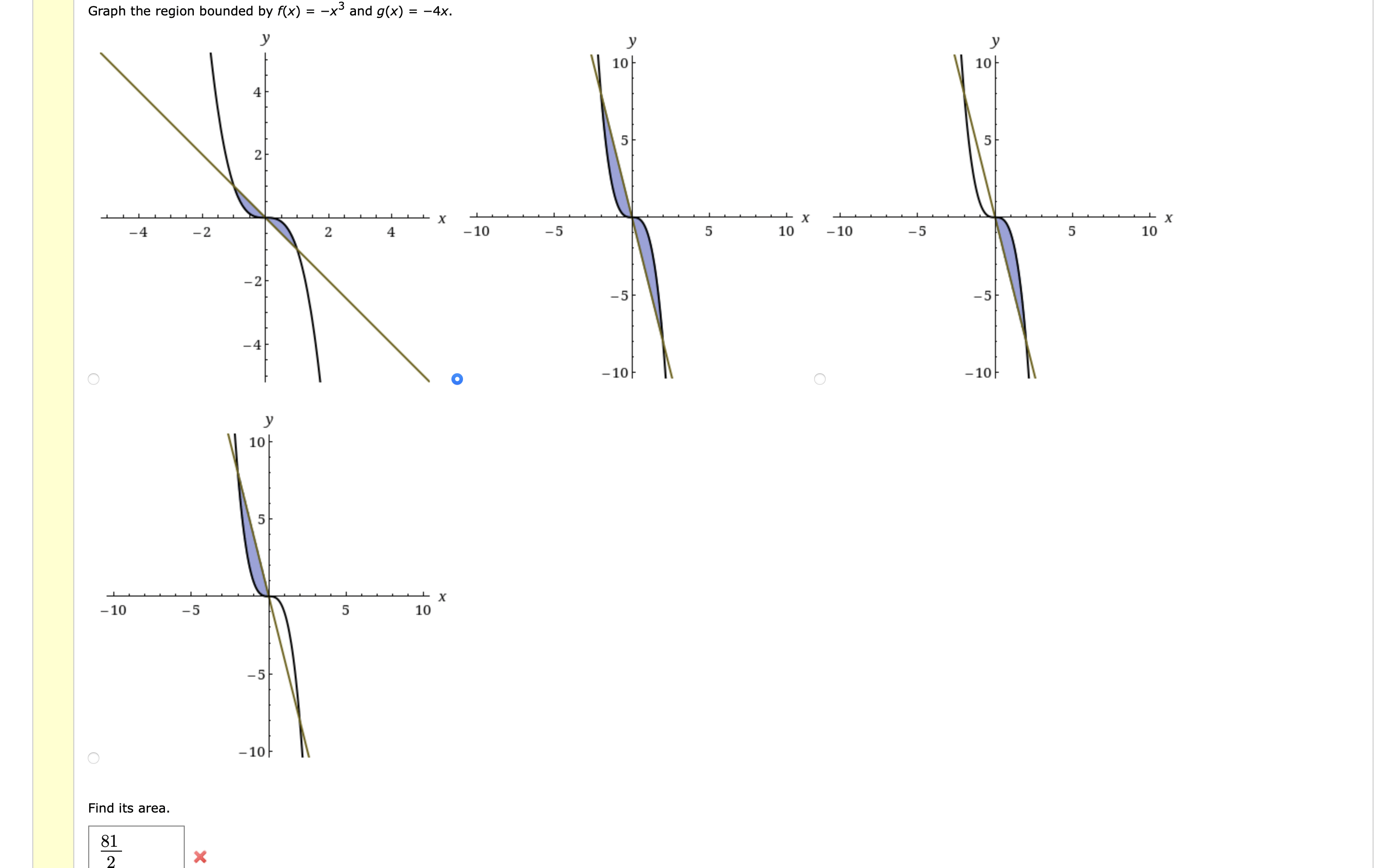 Solved Graph the region bounded by f(x)=−x3 and g(x)=−4x. | Chegg.com