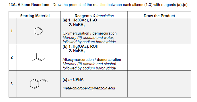 Solved 13A. Alkene Reactions - Draw the product of the | Chegg.com