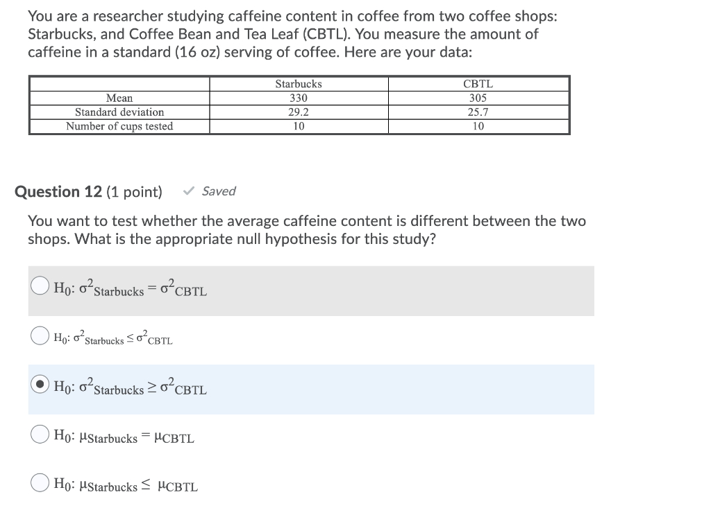 Solved You are a researcher studying caffeine content in | Chegg.com