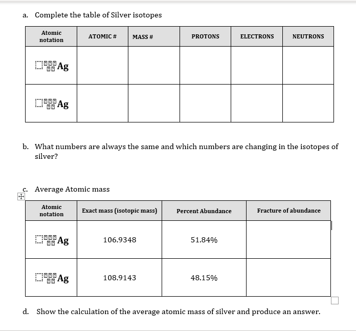 Solved a. Complete the table of Silver isotopes Atomic | Chegg.com