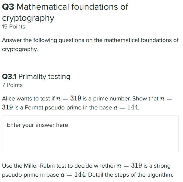 Solved Q3 Mathematical foundations of cryptography 15 Points | Chegg.com