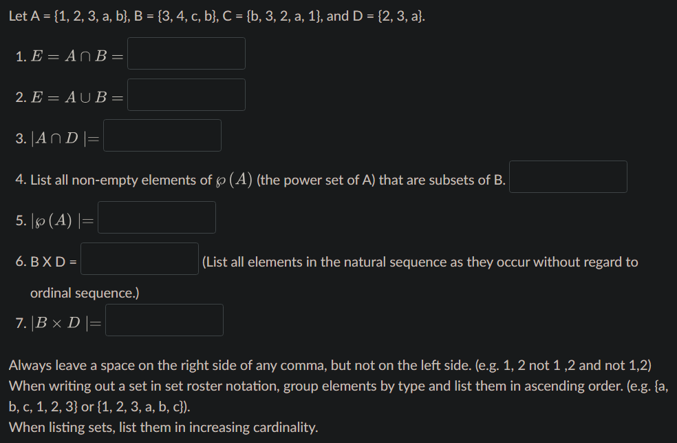 Solved Let A={1,2,3,a,b},B={3,4,c,b},C={b,3,2,a,1}, And | Chegg.com