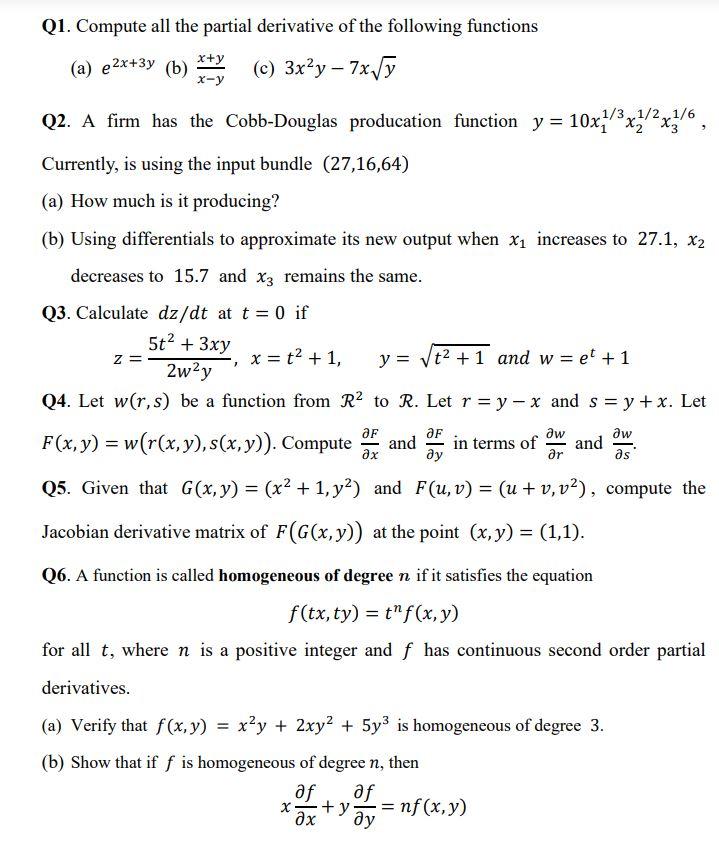 Solved Q1 Compute All The Partial Derivative Of The Chegg Com