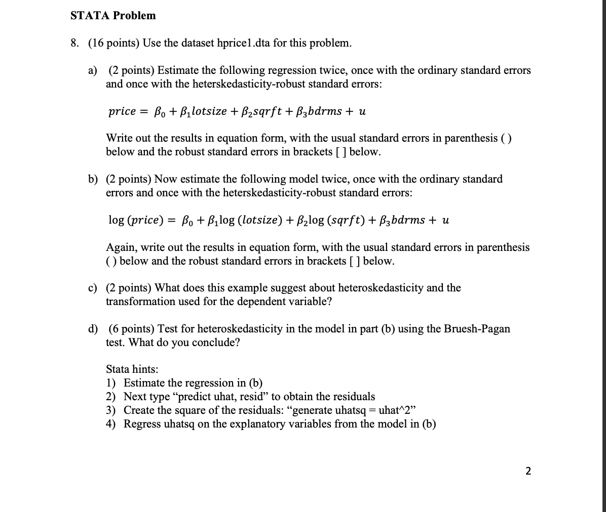 STATA Problem 8. (16 points) Use the dataset | Chegg.com