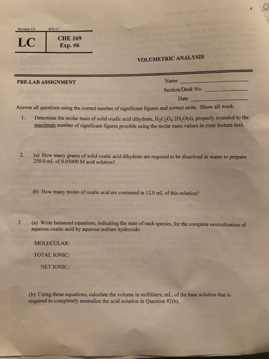 Solved LHE L.C CHE 169 Exp. 6 VOLUMETRIC ANALYSIS PRELAB