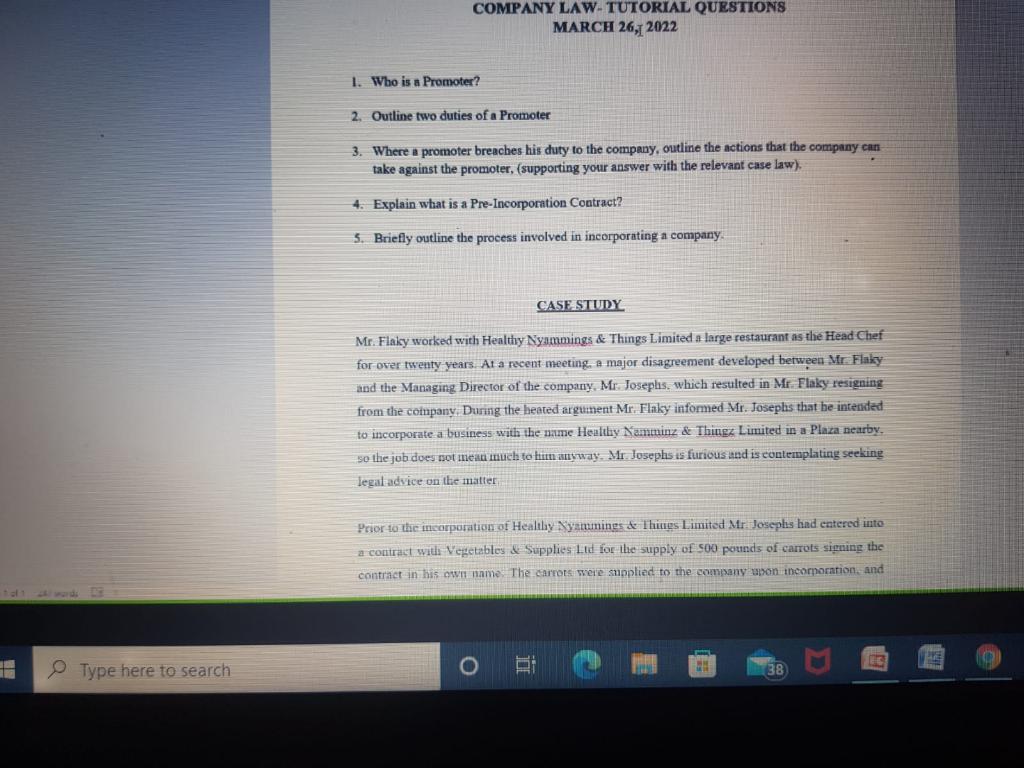 Solved COMPANY LAW. TUTORIAL QUESTIONS MARCH 26, 2022 1. Who | Chegg.com