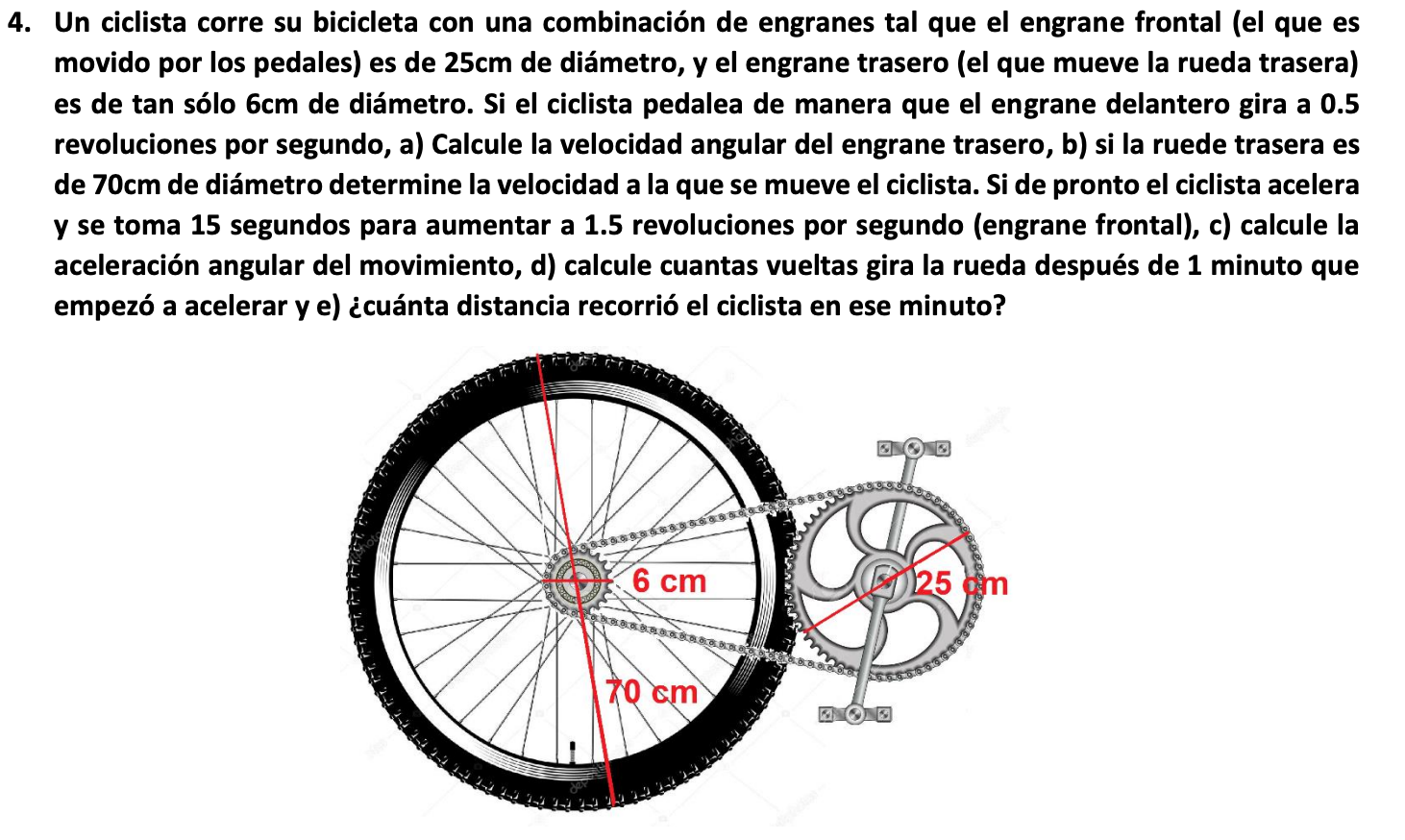 Un ciclista corre su bicicleta con una combinación de engranes tal que el engrane frontal (el que es movido por los pedales)