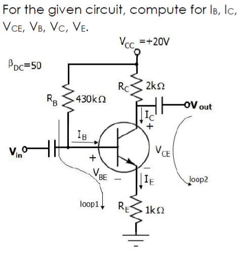 Solved For the given circuit, compute for Ib, Ic, VCE, VB, | Chegg.com