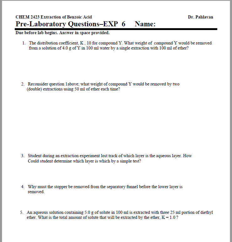 Solved 1. The distribution coefficient, K,10 for compound Y.