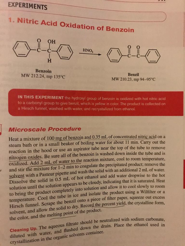 Solved Experiments Nitric Acid Oxidation Of Benzoin Oh Chegg Com