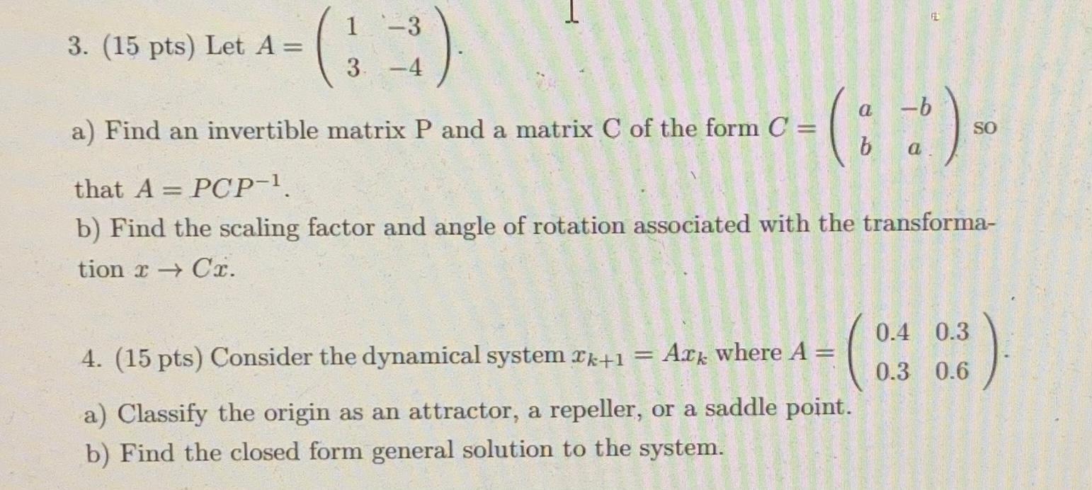 Solved 1-3 3. (15 pts) Let A= (3) 3 -4 a ( :) SO -6 a) Find | Chegg.com