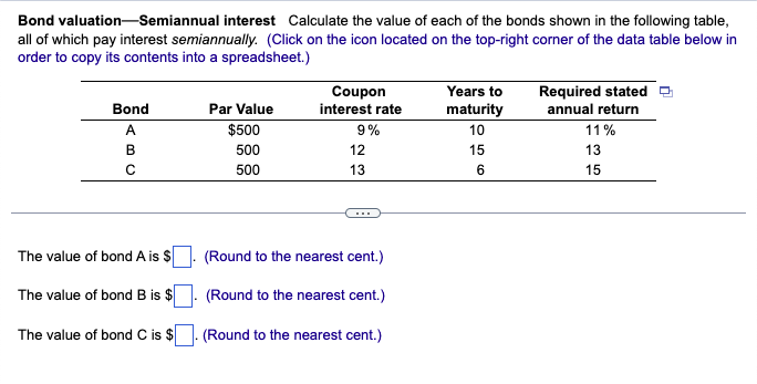 Solved Bond valuation—Semiannual interest Calculate the | Chegg.com