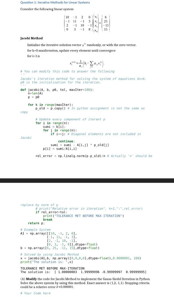 Question 1: Iterative Methods for Linear Systems | Chegg.com