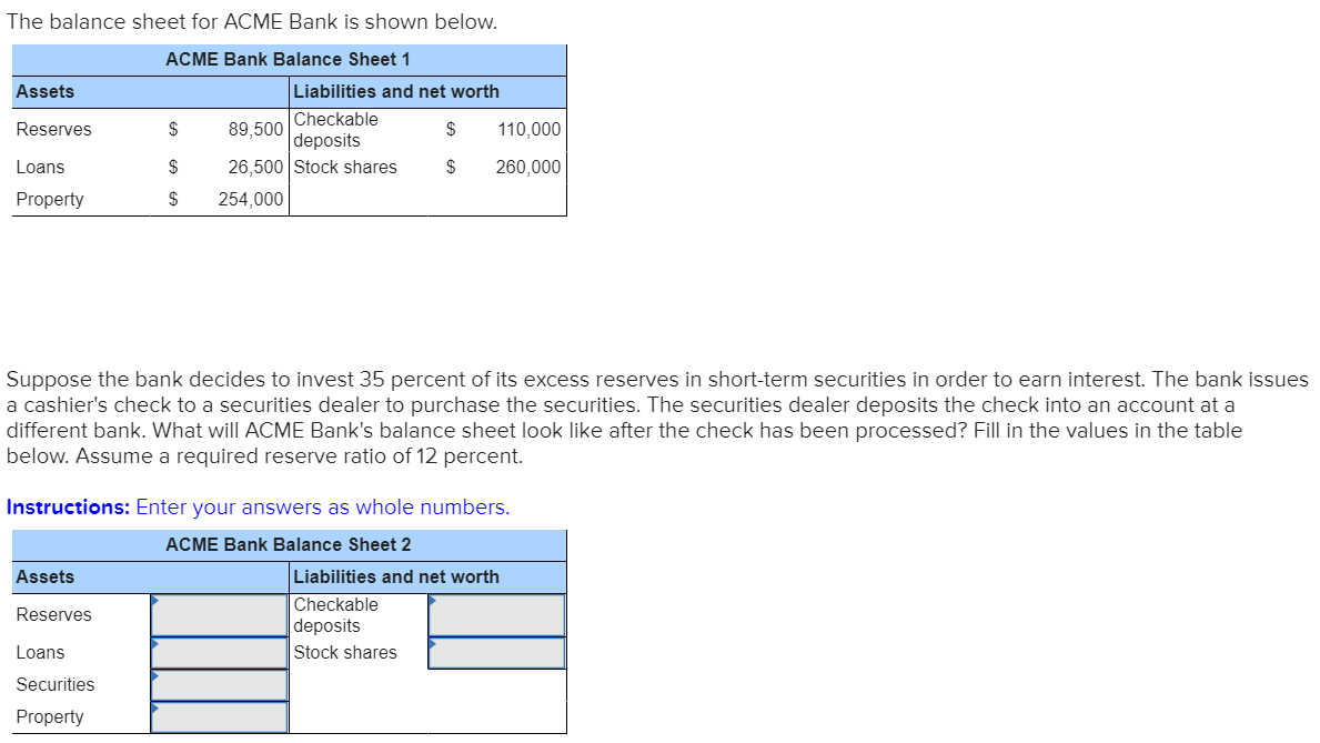 Solved The balance sheet for ACME Bank is shown below ACME | Chegg.com