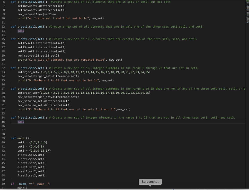 Python... I Need Help With Sets. B, C And F I Dont | Chegg.com