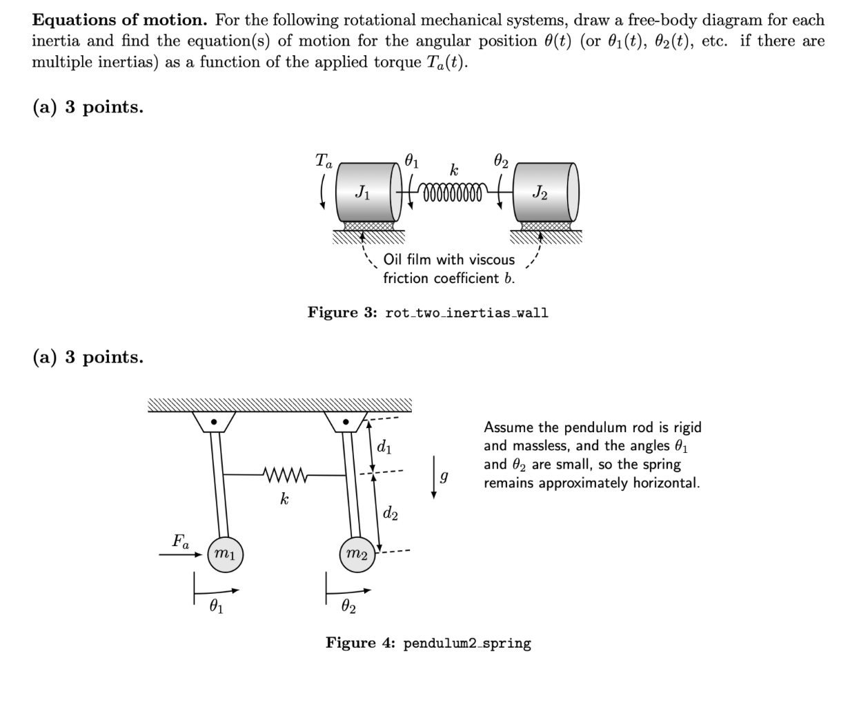 Equations of motion. For the following rotational mechanical systems, draw a free-body diagram for each inertia and find the 