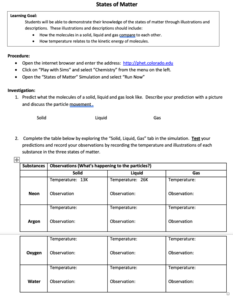 States of Matter Learning Goal: Students will be able | Chegg.com