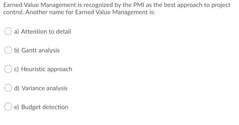 Solved Earned Value Management Is Recognized By The PMI As | Chegg.com