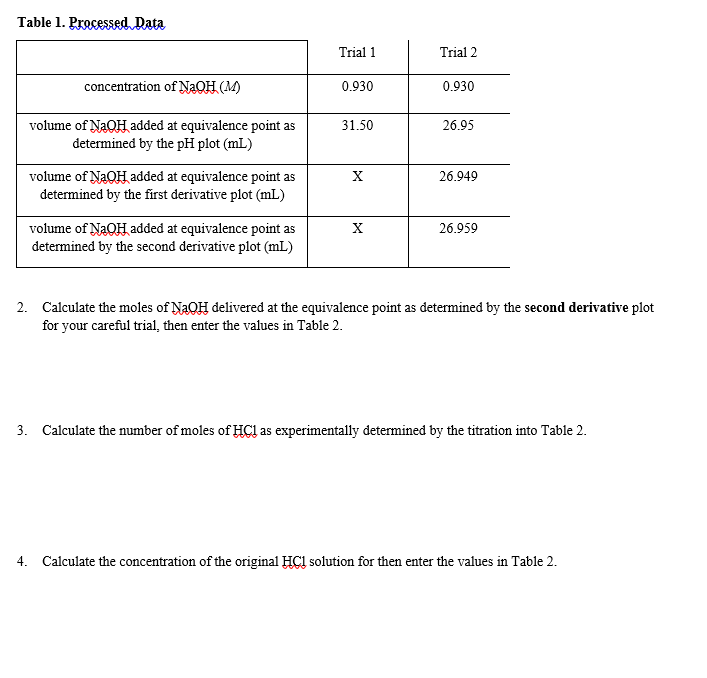 Trial 2 Moles of NaOh @ equivalence Moles of | Chegg.com