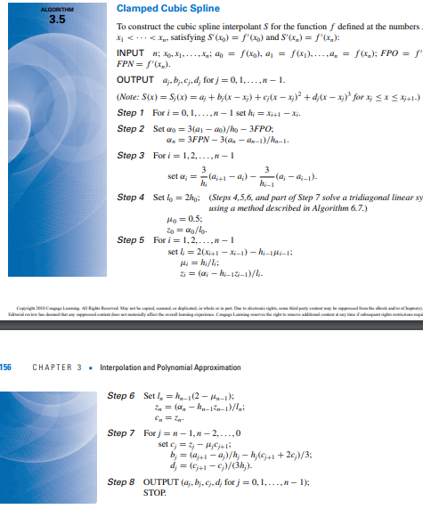 Solved ALGORITHM 3.5 Clamped Cubic Spline To construct the | Chegg.com