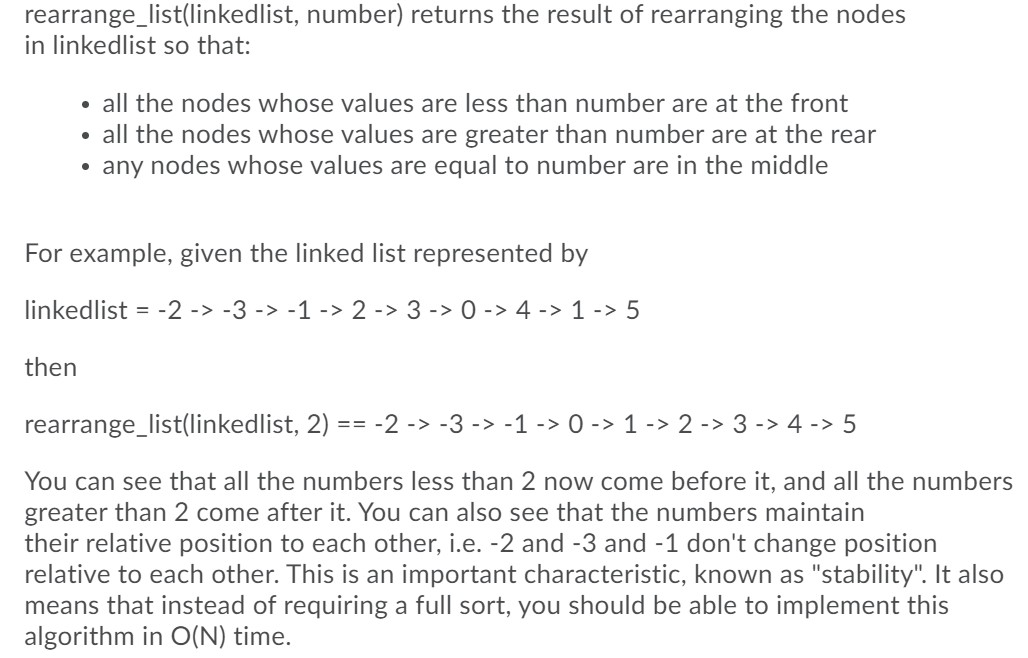 Solved rearrange_list(linkedlist, number) returns the result | Chegg.com