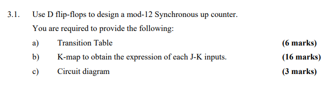 Solved 3.1. Use D flip-flops to design a mod-12 Synchronous | Chegg.com