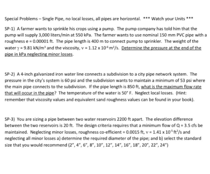 Solved Special Problems-Single Pipe, no local losses, all | Chegg.com