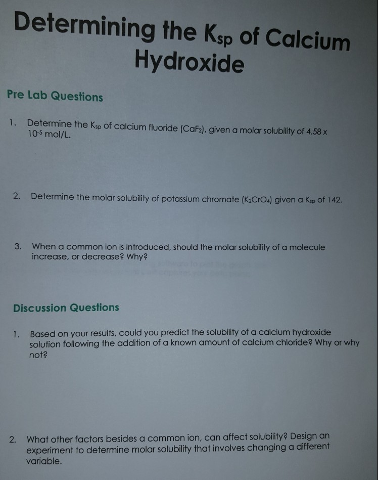 Solved Determining The Ksp Of Calcium Hydroxide Pre Lab | Chegg.com