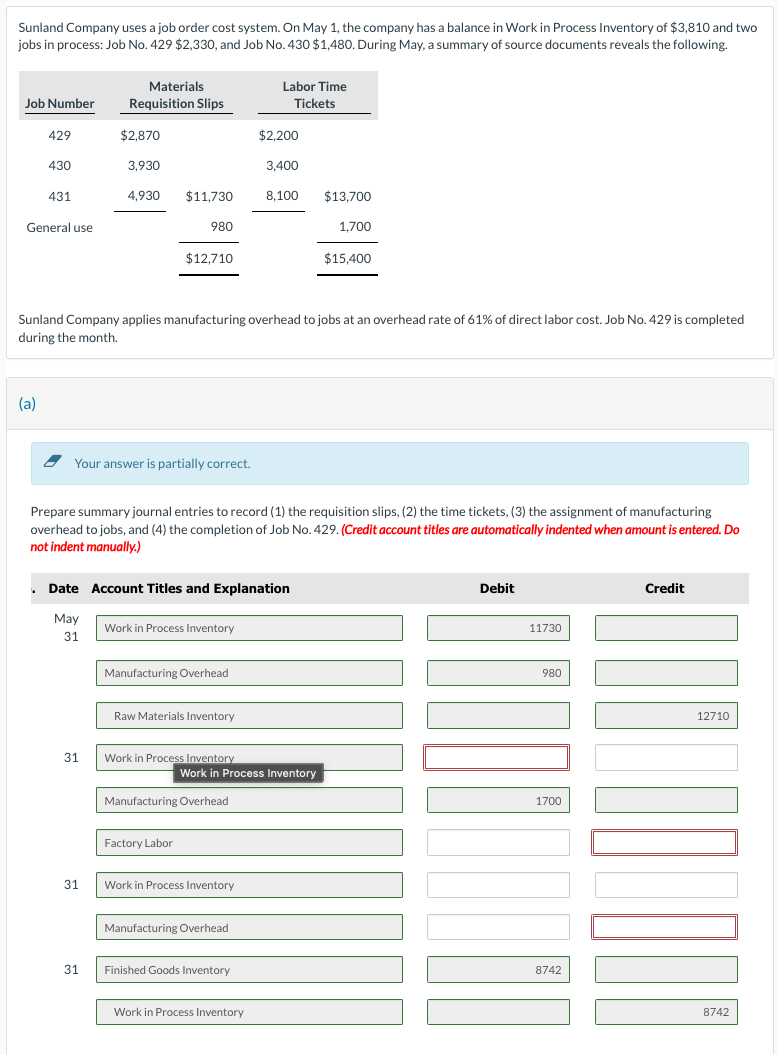 Solved Sunland Company uses a job order cost system. On May | Chegg.com