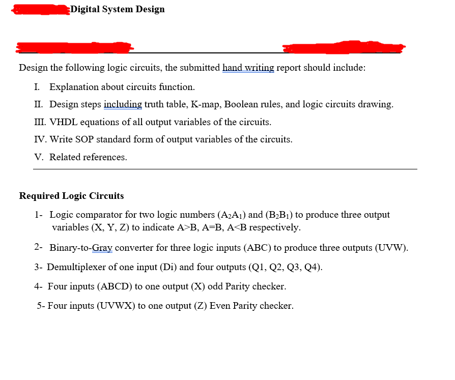 Design the following logic circuits, the submitted