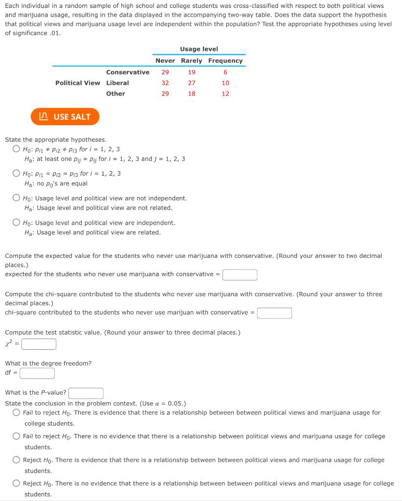 Solved Each individual in a random sample of high school and | Chegg.com