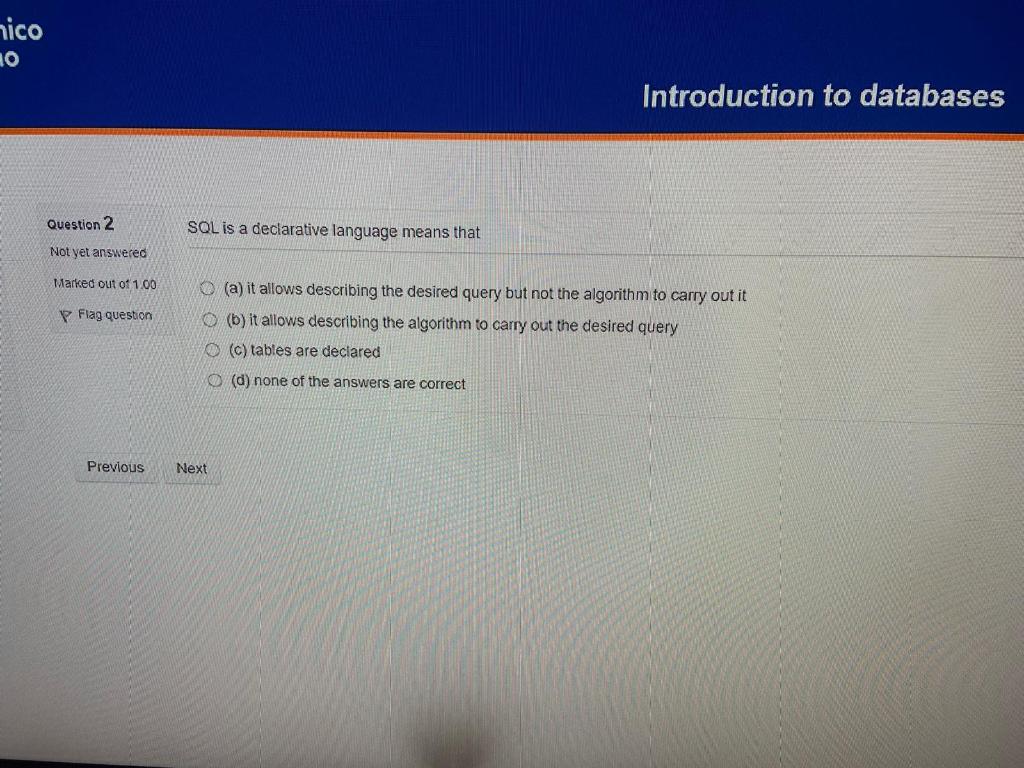 Solved nico 0 Introduction to databases Question 2 SOL is a | Chegg.com