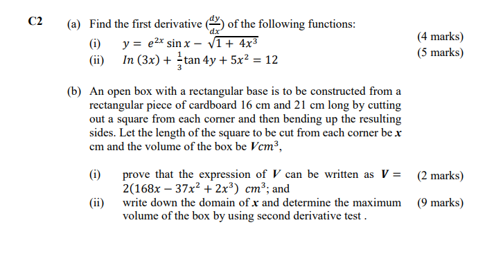 Solved A Find The First Derivative Dxdy Of The Following