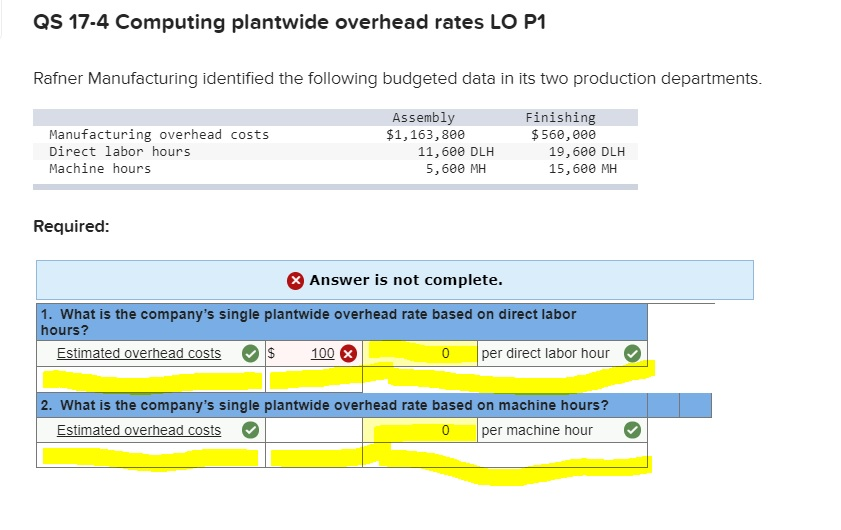 Solved QS 174 Computing plantwide overhead rates LO P1