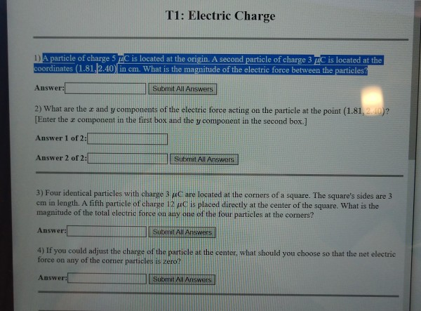 Solved T1: Electric Charge 1) A particle of charge 5 C is | Chegg.com