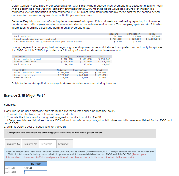 Solved Delph Company uses a job-order costing system with a | Chegg.com