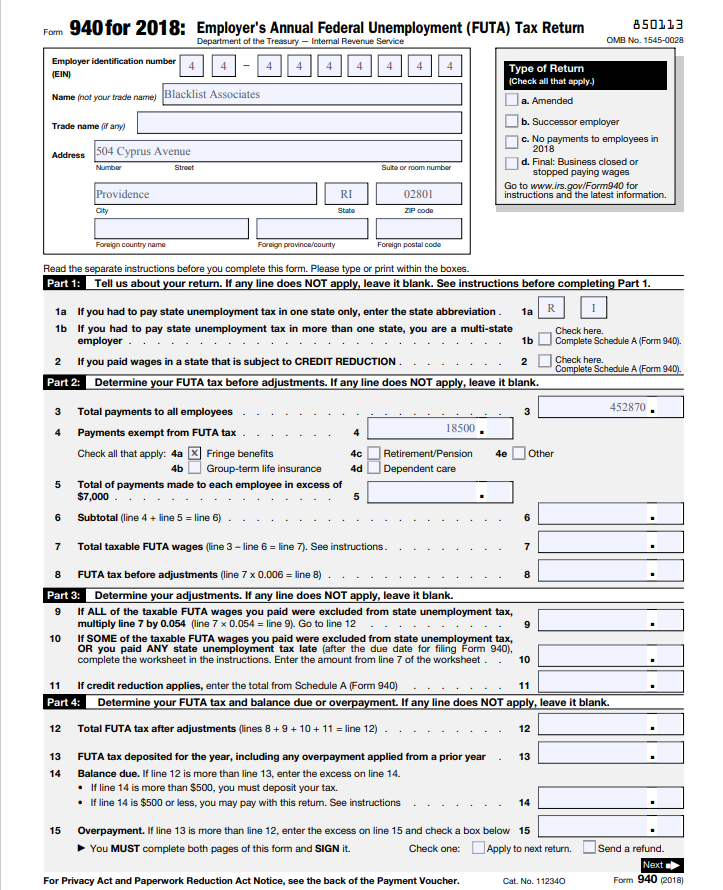 Complete Form 940 for Blacklist Associates