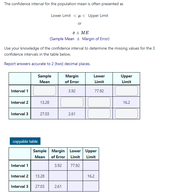 Solved The confidence interval for the population mean is | Chegg.com
