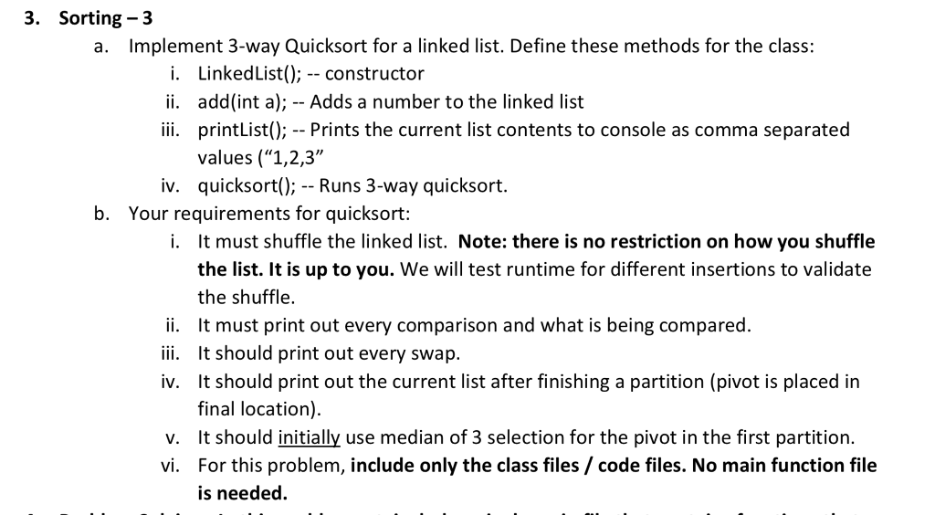 3. Sorting 3 a. Implement 3-way Quicksort for a | Chegg.com