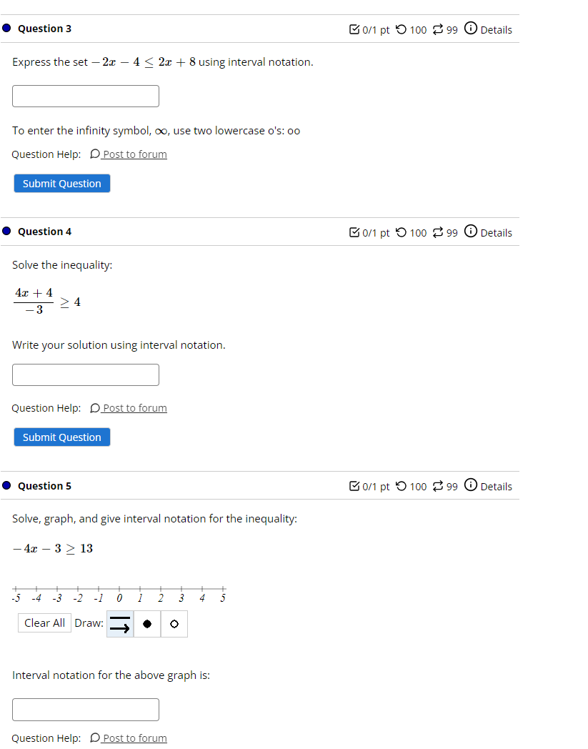 Solved Express the set −2x−4≤2x+8 using interval notation. | Chegg.com