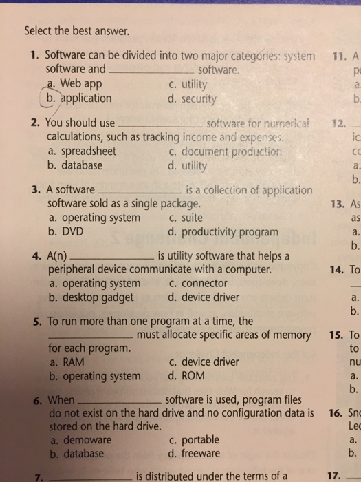 Solved Select the best answer 1. Software can be divided
